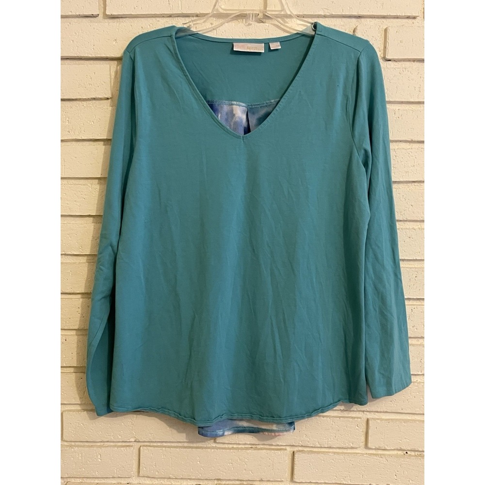 Belle by Kim Gravel TripleLuxe Knit Topโ Printed Chiffon Back Teal Size Medium